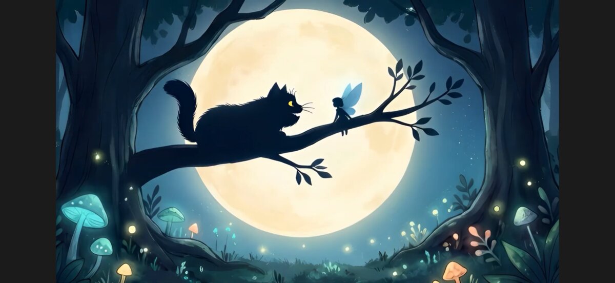 Der sprechende Kater und die kleine Fee im Mondlicht – Szene aus dem AI-Film
