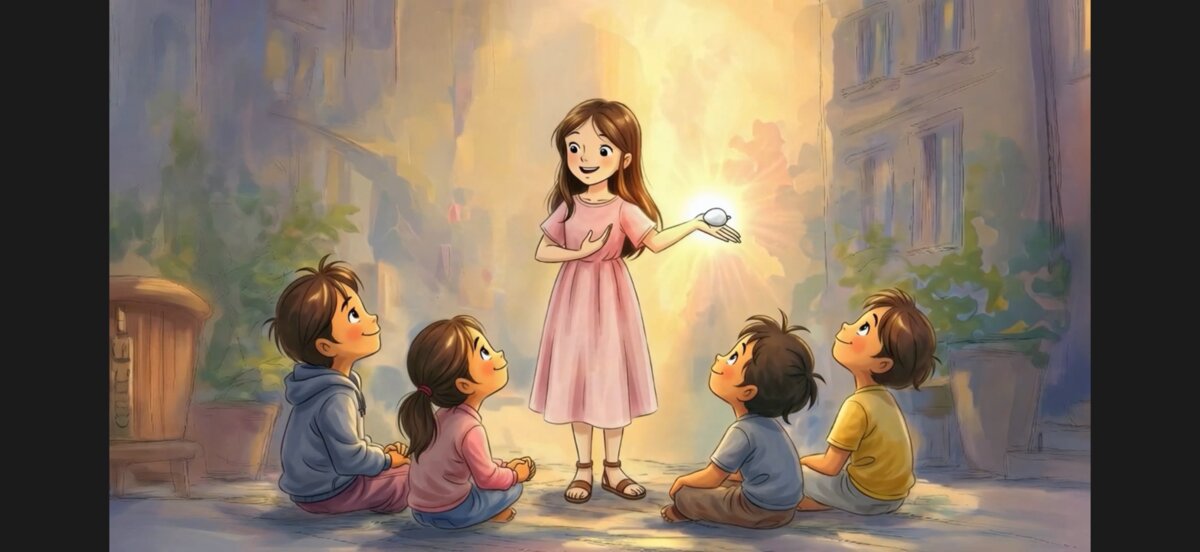 Sonja zeigt den Kindern das magische Licht – Szene aus dem AI-Film